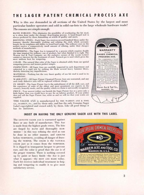 Warren Axe & Tool 1937 catalog p.3 — the Sager Patent Chemical Process, warranty diagram, and the 'Sager Special Chemical Process Axe' trademark label
